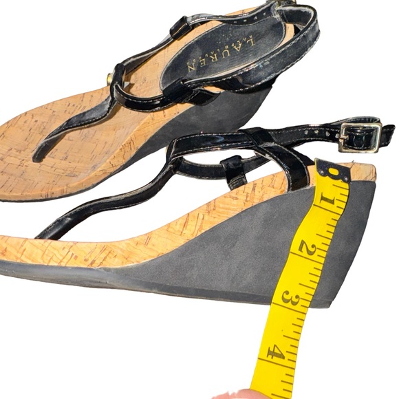 Lauren Ralph Lauren Black Wedge Rosalia T-Strap Wedge Cork Shoes Size 8 - Picture 7 of 7